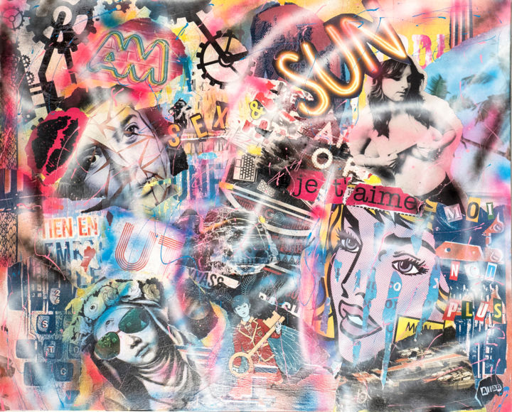 Kolaże zatytułowany „Sex and Sun” autorstwa Allan Martel, Oryginalna praca, Kolaże Zamontowany na Drewniana rama noszy