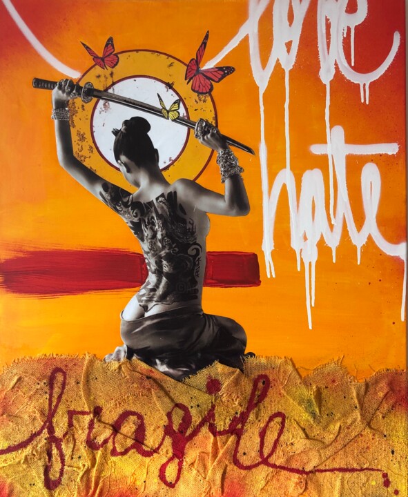 Collages intitulée "SAMOURAI FRAGILE" par Jo Y Posso, Œuvre d'art originale, Acrylique