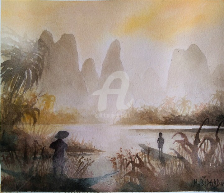 Peinture intitulée "Un soir" par Martial Bidard, Œuvre d'art originale, Aquarelle