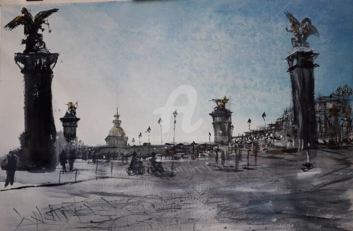 Peinture intitulée ""Pont Alexandre III…" par Jean-Pierre Missistrano, Œuvre d'art originale, Aquarelle