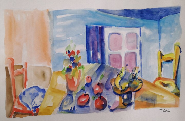 Peinture intitulée "Intérieur IV #artis…" par Frédérique Girin, Œuvre d'art originale, Aquarelle Monté sur Verre