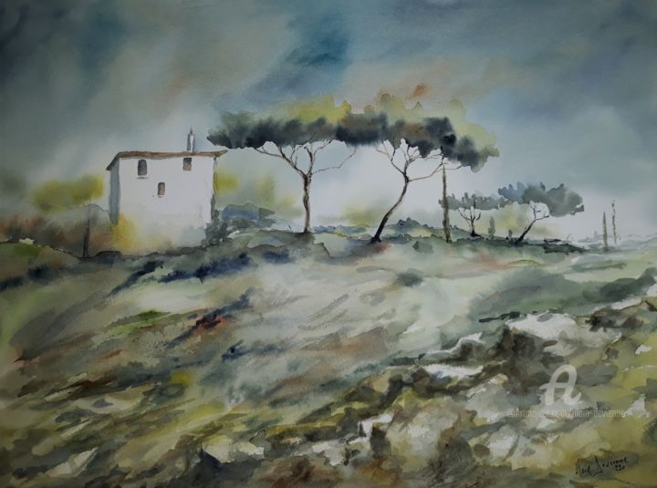 Peinture intitulée "PAYSAGE DE PROVENCE" par Alain Devienne, Œuvre d'art originale, Aquarelle