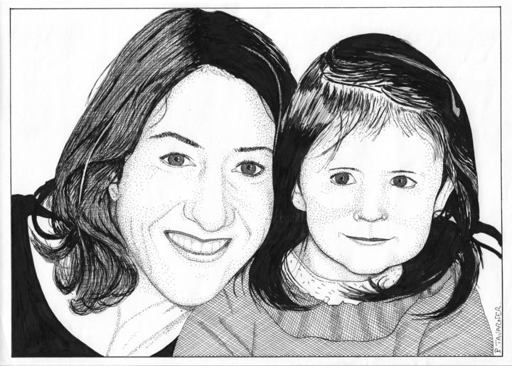 Drawing titled "Mère et fille" by Pascal Tavarner, Original Artwork, Ink