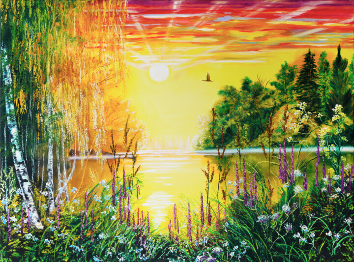 Enchanted forest morning landscape Blossom tree Forest paint 绘画, 23.6x31.5 in