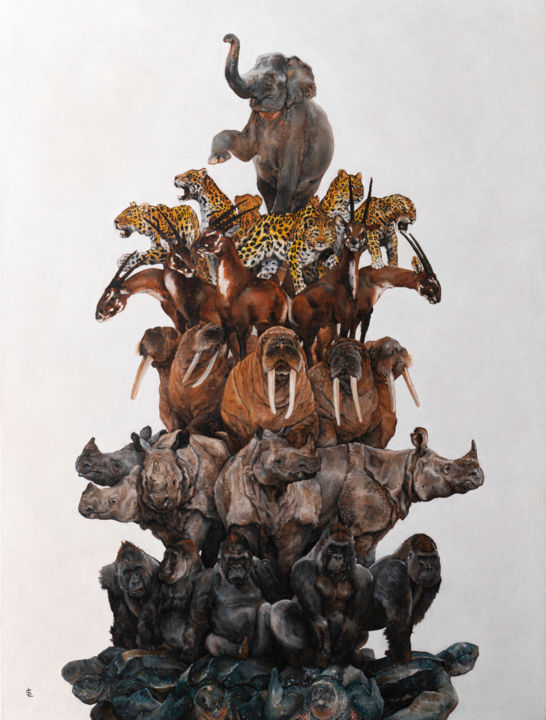 Painting titled "Extinction Circus" by Sailev, Original Artwork, Oil Mounted on Wood Stretcher frame