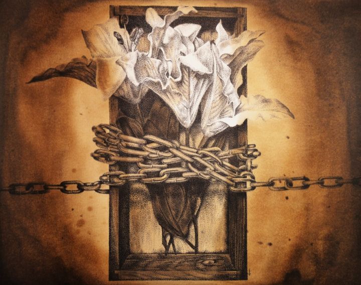 Drawing titled "Chained" by Jim Haller, Original Artwork, Ink