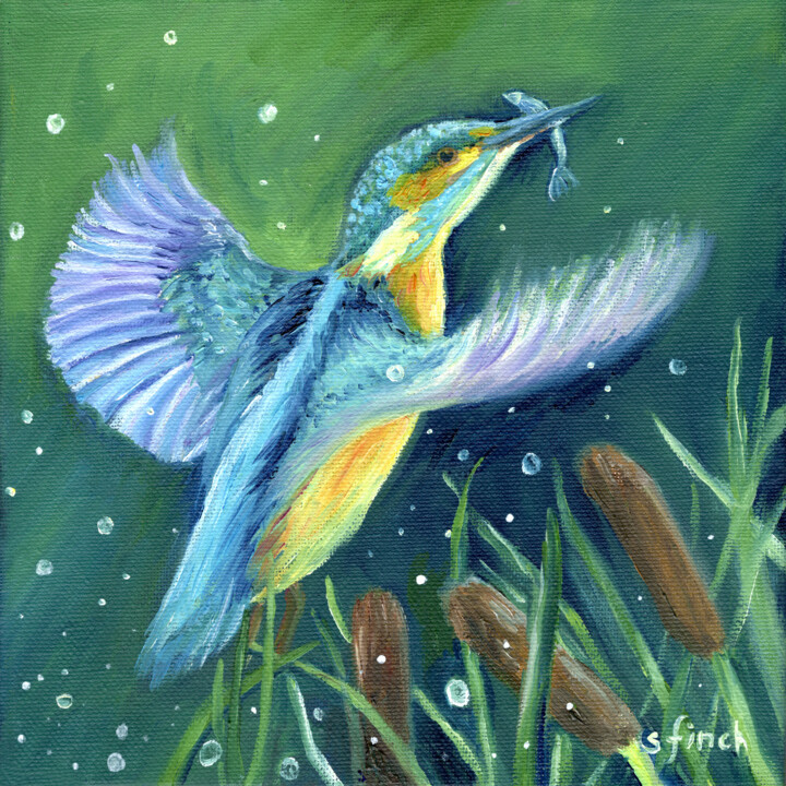 제목이 "Spirit of Kingfisher"인 미술작품 Sonia Finch로, 원작, 기름 나무 들것 프레임에 장착됨