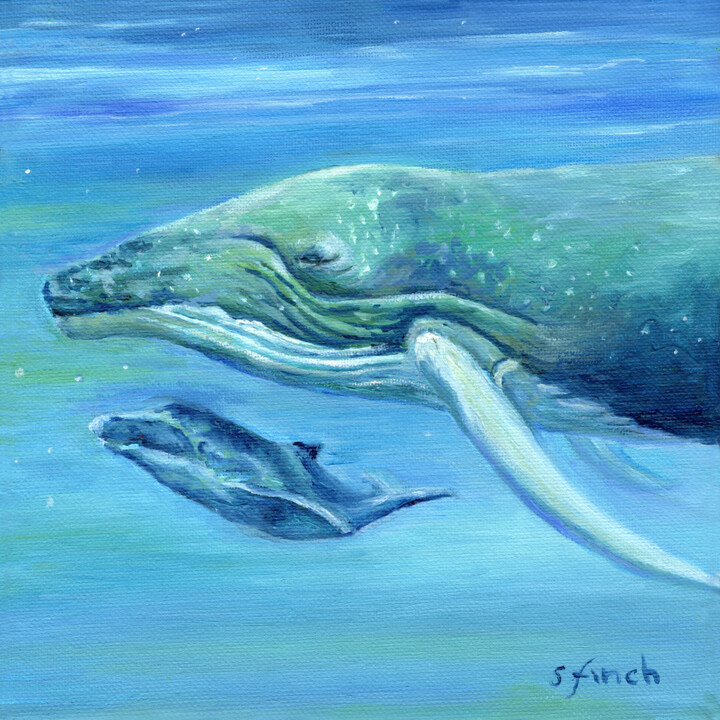 Schilderij getiteld "Spirit of Whale" door Sonia Finch, Origineel Kunstwerk, Olie Gemonteerd op Frame voor houten brancard