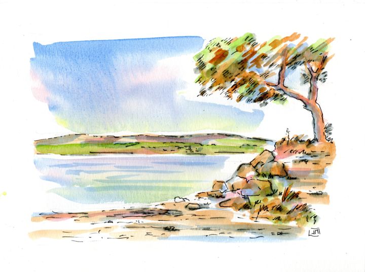 Painting titled "Place des mouettes…" by Joël Monnier, Original Artwork, Watercolor