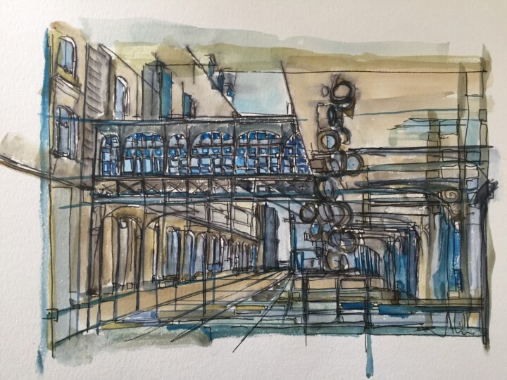 Drawing titled "Gare st lazare" by Hartiste, Original Artwork, Watercolor