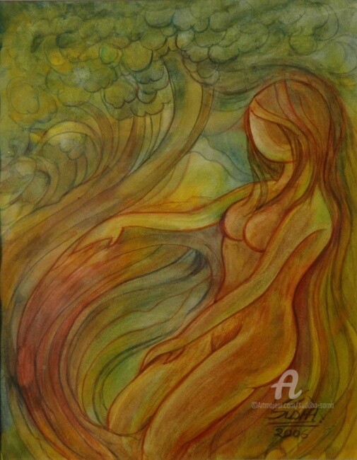 Painting titled "GREEN EARTH" by Suddha Sama, Original Artwork, Watercolor