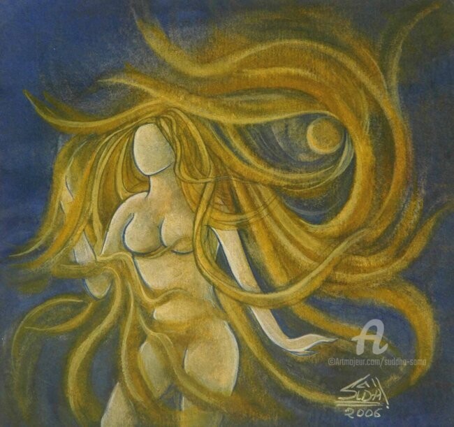 Peinture intitulée "LADY WITH THE MOON 1" par Suddha Sama, Œuvre d'art originale, Aquarelle