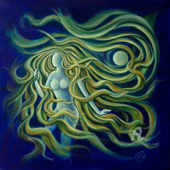 Peinture intitulée "LADY WITH THE MOONv2" par Suddha Sama, Œuvre d'art originale, Huile Monté sur Châssis en bois