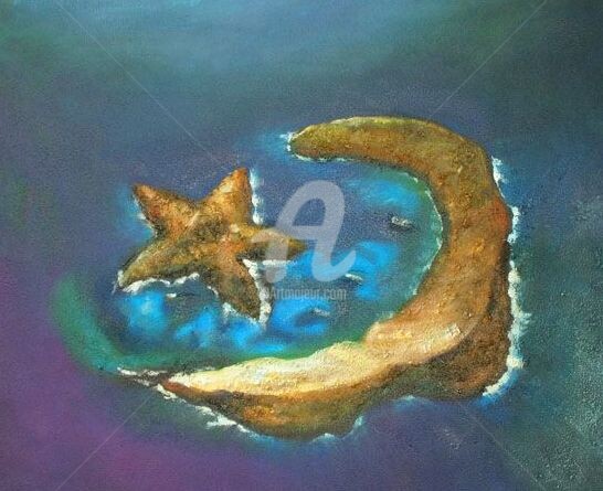 Painting titled "Moon and star" by Coco, Original Artwork, Oil