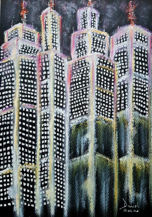 Desenho intitulada "Citylights- Skyline" por Daniel Darie, Obras de arte originais, Caneta de gel