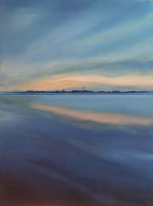 Painting titled "Ezermala" by Ausma Gaspere, Original Artwork, Oil Mounted on Wood Stretcher frame