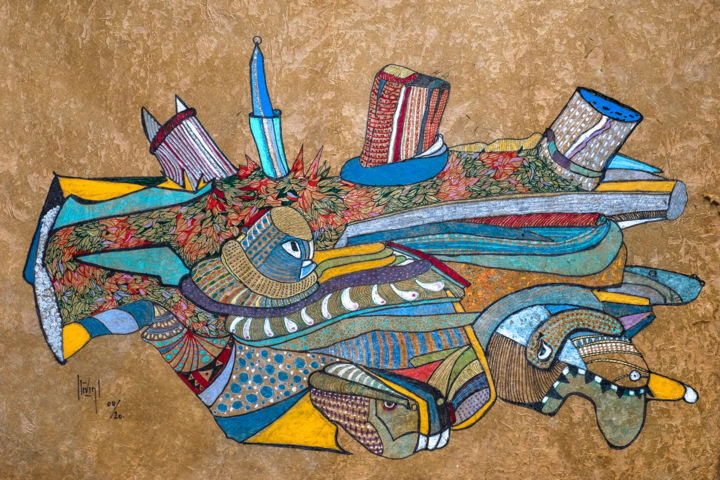Painting titled "vaisseau spatial" by Hélène Stevens, Original Artwork, Ink Mounted on Cardboard