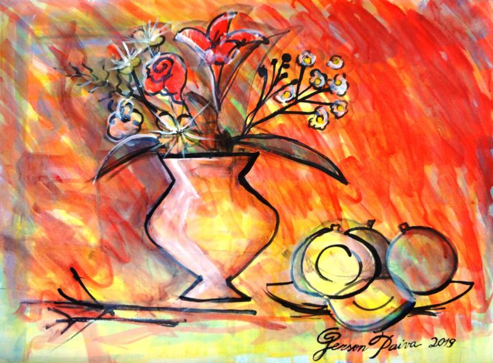 绘画 标题为“FLORES E PEQUIS” 由Gerson Paiva, 原创艺术品, 墨