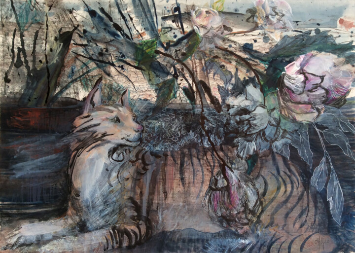 Cat and Flowers (Peonies) - original acrylic painting 绘画, 12.2x16.1 in