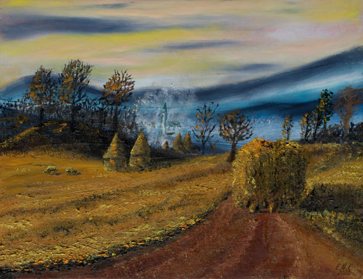 Peinture intitulée "La Charrette de foin" par Emmanuelle Menny Fleuridas, Œuvre d'art originale, Huile