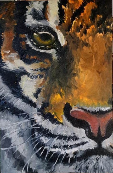 Painting titled "Tigre en llamas" by Lobo Gongora, Original Artwork, Oil