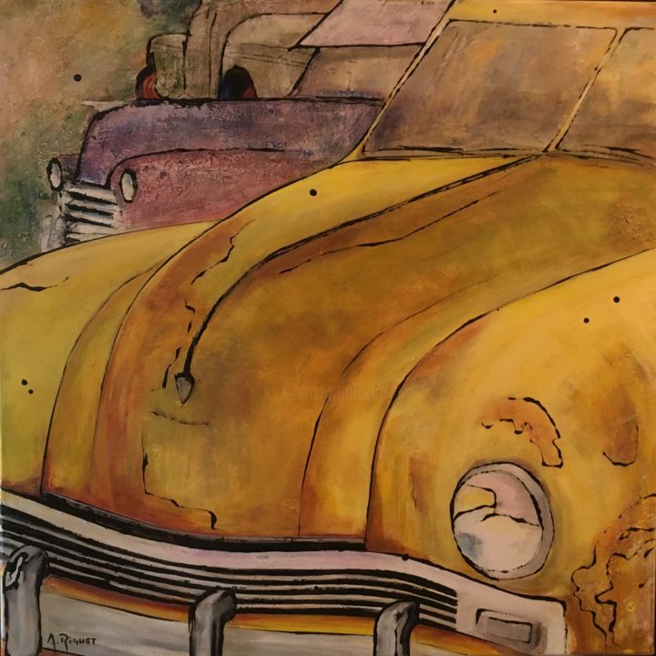 Epaves voitures jaune et mauve 绘画, 31.5x31.5 in