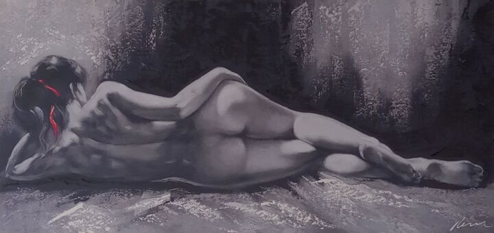 Nude woman lying on the bed,acrylic print painting on canvas 绘画, 16.1x32.7 in