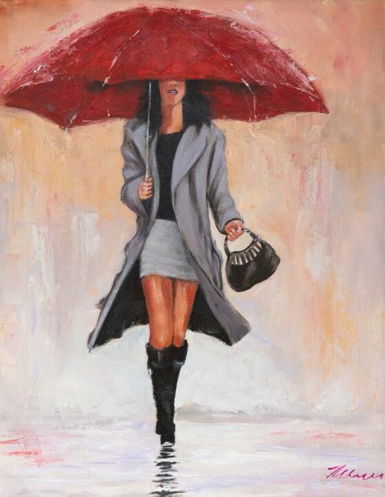 Woman in a gray coat and with a red umbrella - Michelle 绘画, 20.9x16.1 in