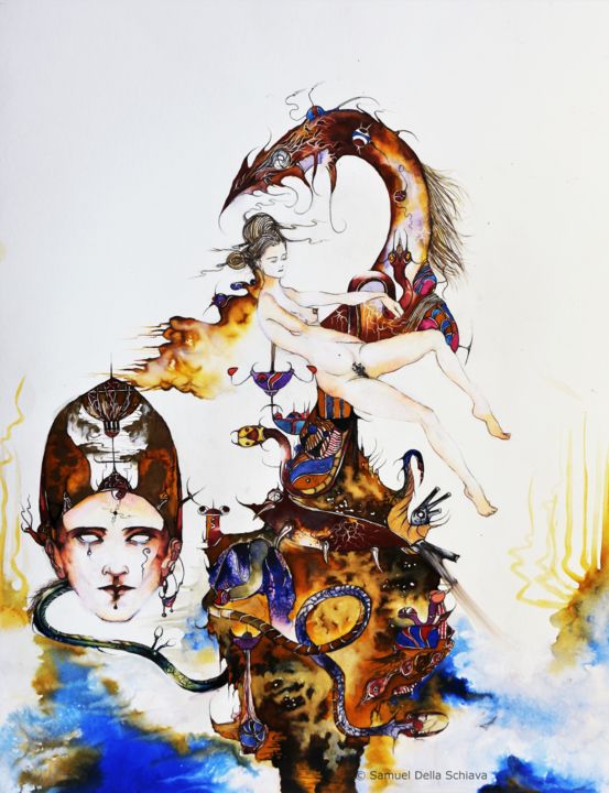 图画 标题为“La tour / The tower” 由Samuel Della Schiava, 原创艺术品, 墨