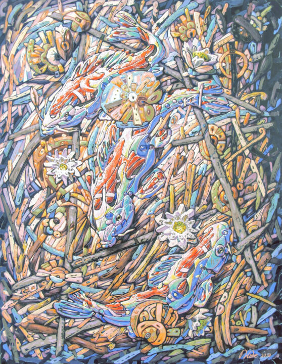 Carps in the pond. 绘画, 35.4x27.6 in