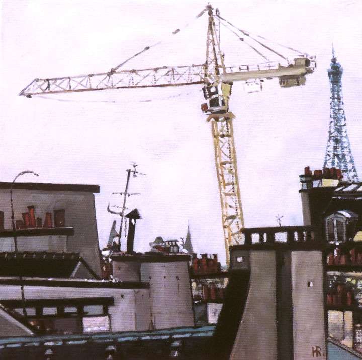 Peinture intitulée "Grue et tour Eiffel…" par Hugues Renck, Œuvre d'art originale, Huile