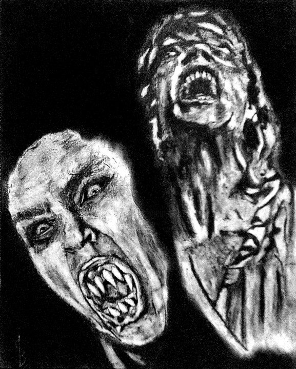 Schilderij getiteld "Одержимость" door Dmitrii Illarionov, Origineel Kunstwerk, Potlood Gemonteerd op Frame voor houten bran…