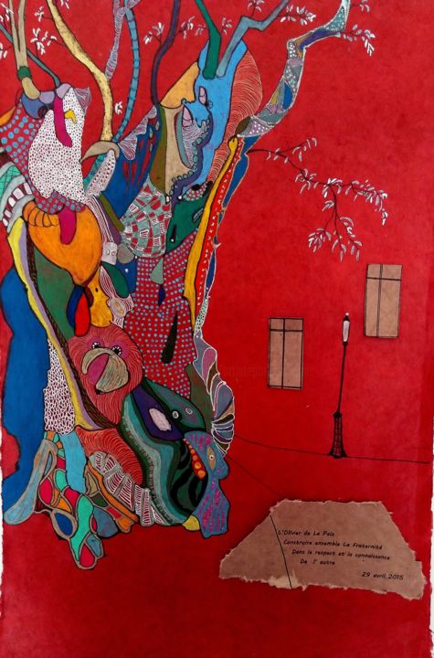 Peinture intitulée "L'olivier de la pai…" par Hélène Stevens, Œuvre d'art originale, Encre Monté sur Carton
