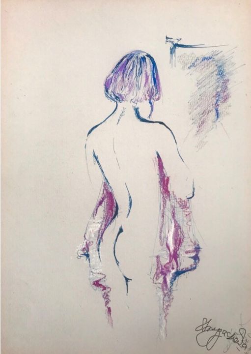 Dibujo titulada "In a bathroom" por Larysa Strygaczowa, Obra de arte original, Pastel