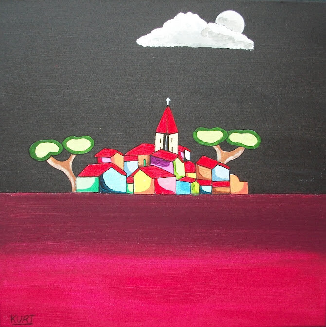 Peinture intitulée "Tableau Naif Pays-B…" par Didier Dordeins, Œuvre d'art originale, Acrylique Monté sur Châssis en bois