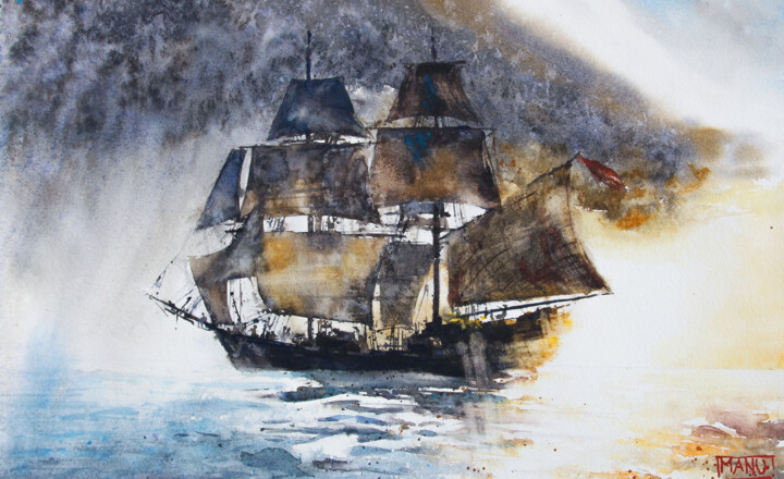 Pittura intitolato "Série Voiliers chap…" da Manu Toxxic, Opera d'arte originale, Acquarello