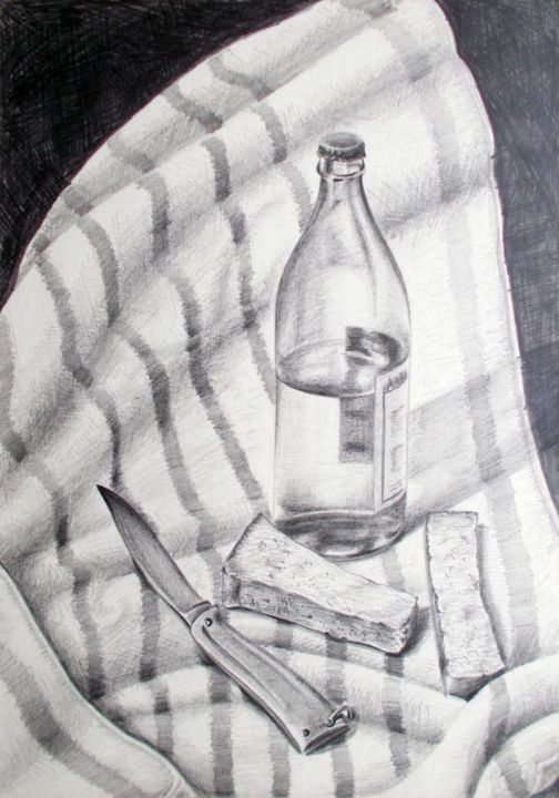 Still life with Bread and a Bottle 图画, 16.1x11.4 in