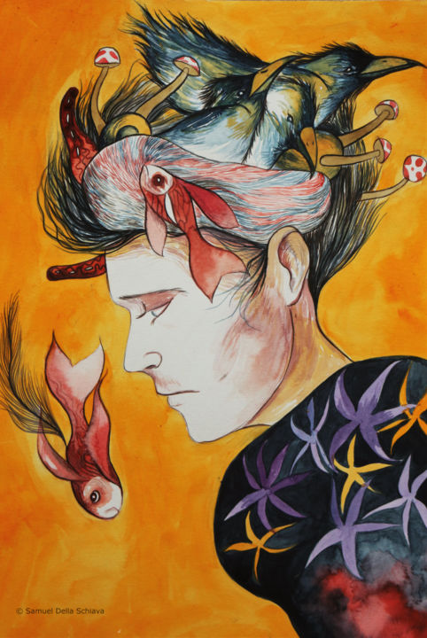 图画 标题为“Orange blues” 由Samuel Della Schiava, 原创艺术品, 墨