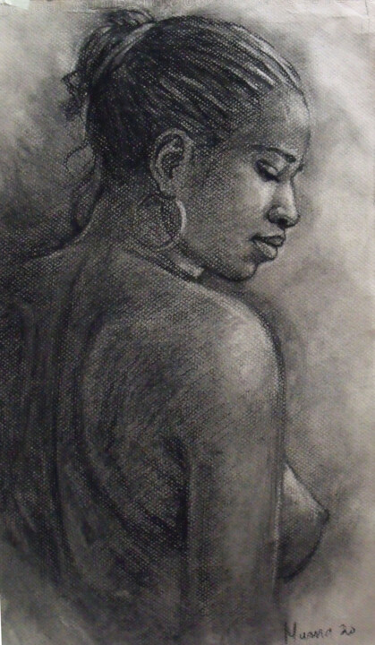 Disegno intitolato "Regard intime" da Prince Muana, Opera d'arte originale, Carbone Montato su Altro pannello rigido