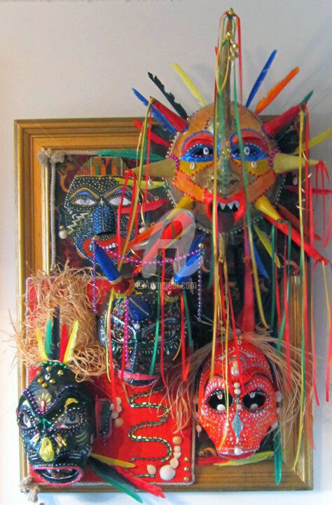 3d paper mache mixed media masks 雕塑, 65x45 in