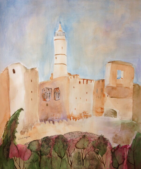 Drawing titled "view at David city" by Janna Shulrufer, Original Artwork, Watercolor