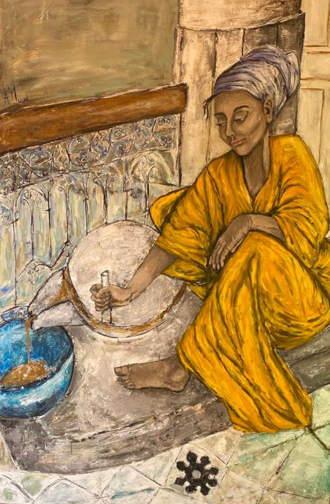 Painting titled "Femme au meule à gr…" by Manar Abou Elaoula (A’M), Original Artwork, Oil Mounted on Wood Stretcher frame