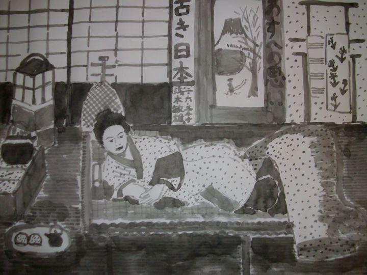 Drawing titled "Old Japan 8" by Toshio Asaki, Original Artwork, Ink