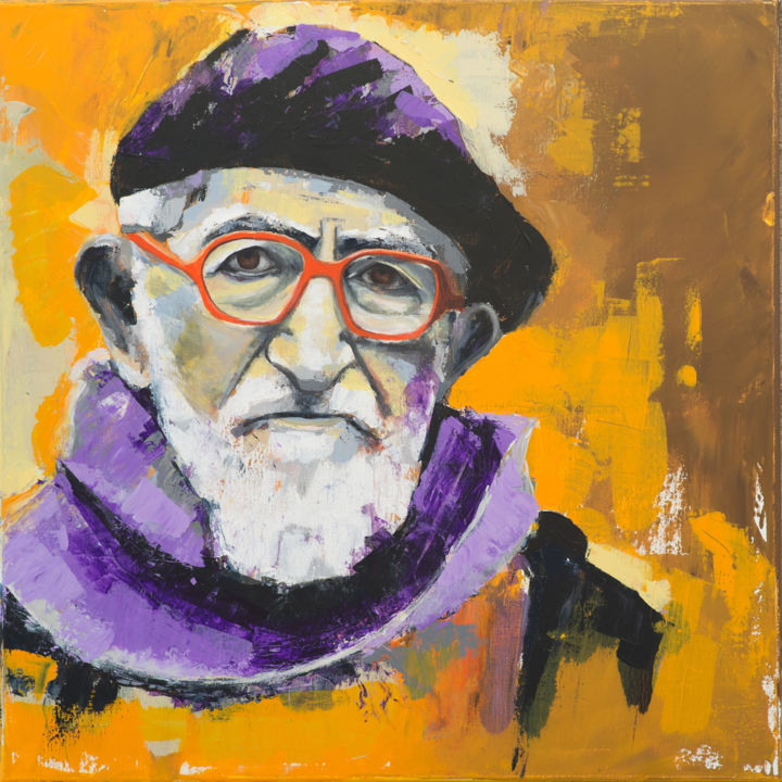 Schilderij getiteld "Abbé Pierre" door Cbaud, Origineel Kunstwerk, Acryl Gemonteerd op Frame voor houten brancard