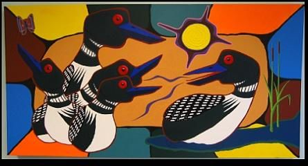 Painting titled "Loon Family" by Broken Vulture Art, Original Artwork, Oil