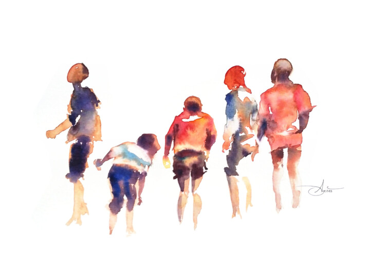 Cinq enfants 绘画, 6.3x9.8 in