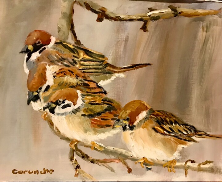 Pintura titulada "Pajaritos en la rama" por Mónica Caruncho Fontela, Obra de arte original, Oleo