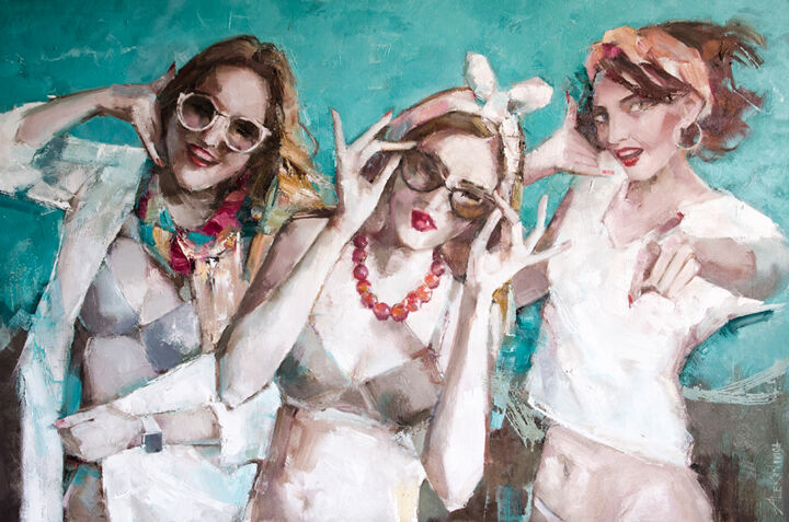 Painting titled "party taime" by Gennadi Alekhnovich, Original Artwork, Oil Mounted on Wood Stretcher frame