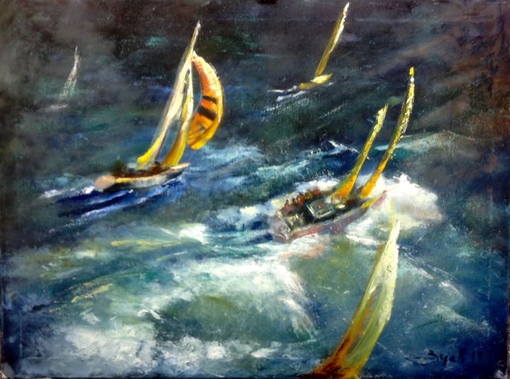 Painting titled "Регата" by Iurii Zuev, Original Artwork, Oil Mounted on Wood Stretcher frame