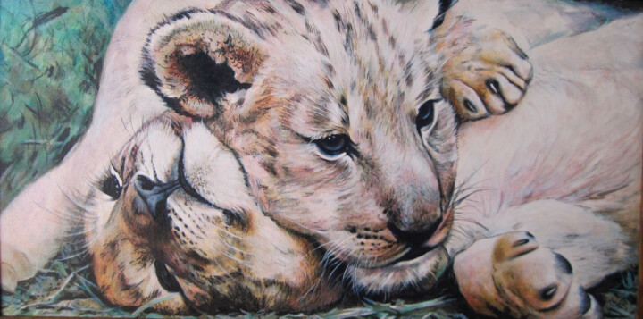 Картина под названием "Lion cubs" - Sergey And Vera, Подлинное произведение искусства, Масло Установлен на Деревянная рама д…